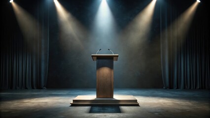 Empty podium on dark stage mockup, darkness, silence,  darkness, silence, spotlight, podium, backdrop, still life, abstract