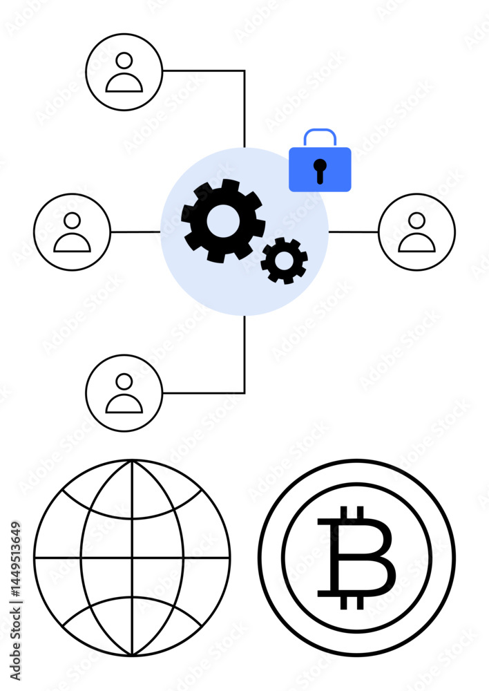 Poster nodes representing people connected via blockchain gears with a lock highlighting security. includes