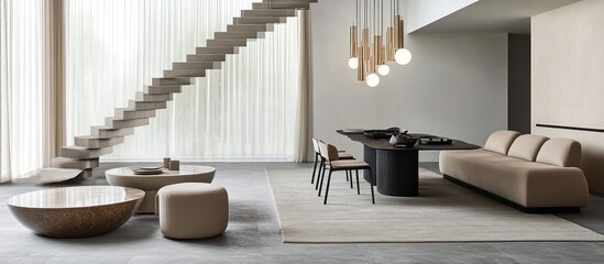 Minimalist living area with a neutral color palette, featuring a concrete staircase, a light-brown sectional couch, and unique wooden coffee tables