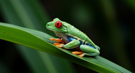 Fototapeta premium Red Eyed Tree Frog on Green Leaf
