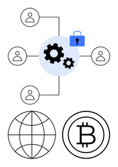 Nodes representing people connected via blockchain gears with a lock highlighting security. Includes global web and Bitcoin concepts. Ideal for cryptocurrency, fintech, security, global economy