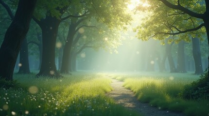 Fototapeta premium Serene Sunlit Forest Path with Glowing Particles and Gentle Light