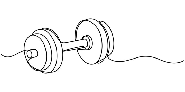 Continuous one line drawing of Dumbbell - Barbell gym equipment, Drawing of dumbbell in continuous single line style. Sport equipment in linear style. Outline symbol for design of poster, banner.     