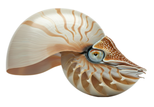 Nautilus shell unravels revealing its inner chambered geometry against stark black