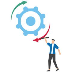 Businessman stand on interconnected gear cogwheel symbolizing process and workflow optimization