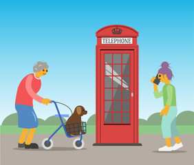 Mobile phone and a landline connection. Old and young generation.