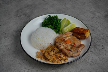 Balanced diet, healthy homemade food. A plate of protein, vegetables, carbohydrates. Cooking without oil.