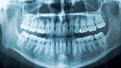 Dental panoramic x ray examining teeth roots and jawbone anatomy for diagnosis