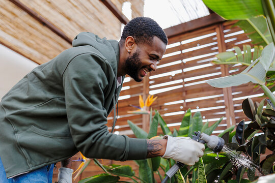 Smiling gardener waters plants in a balcony nurturing lush foliage