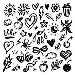 "Create a bold, hand-drawn doodle collage with a mix of playful symbols like stars, lightning bolts, eyes, hearts, crowns, flames, and musical notes. Use primarily black lines with pops of pink and gr