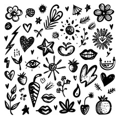 "Create a bold, hand-drawn doodle collage with a mix of playful symbols like stars, lightning bolts, eyes, hearts, crowns, flames, and musical notes. Use primarily black lines with pops of pink and gr