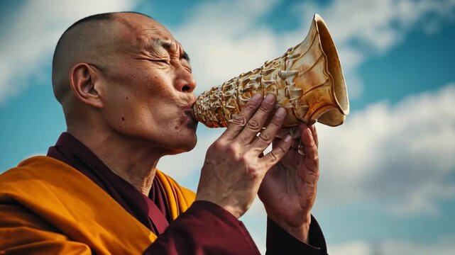 This footage captures a monk playing a conch shell amidst stunning natural scenery. It symbolizes harmony and spirituality. Perfect for meditation or cultural projects. Generative AI