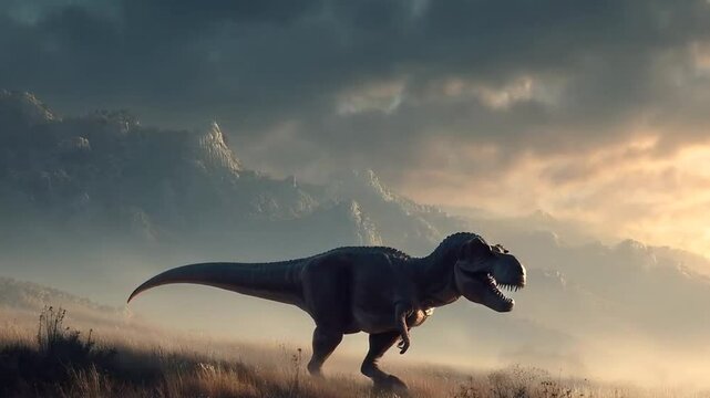 A prehistoric dinosaur, likely a T-Rex, is depicted running across a scenic landscape with dramatic mountains and a moody sky in the background.