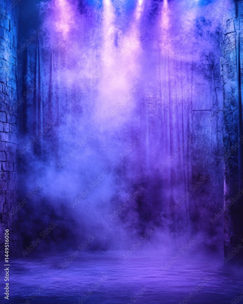 Aufkleber Dramatic Stage with Purple and Blue Lighting and Fog Effect for Performance or Event Backdrop