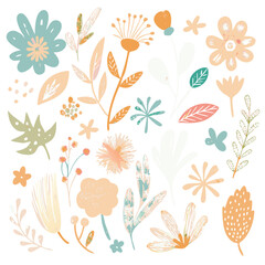 "Create a colorful floral pattern featuring a variety of flowers and leaves in shades of pink, yellow, blue, orange, and green. The design should have a whimsical, hand-drawn style with a textured, cr