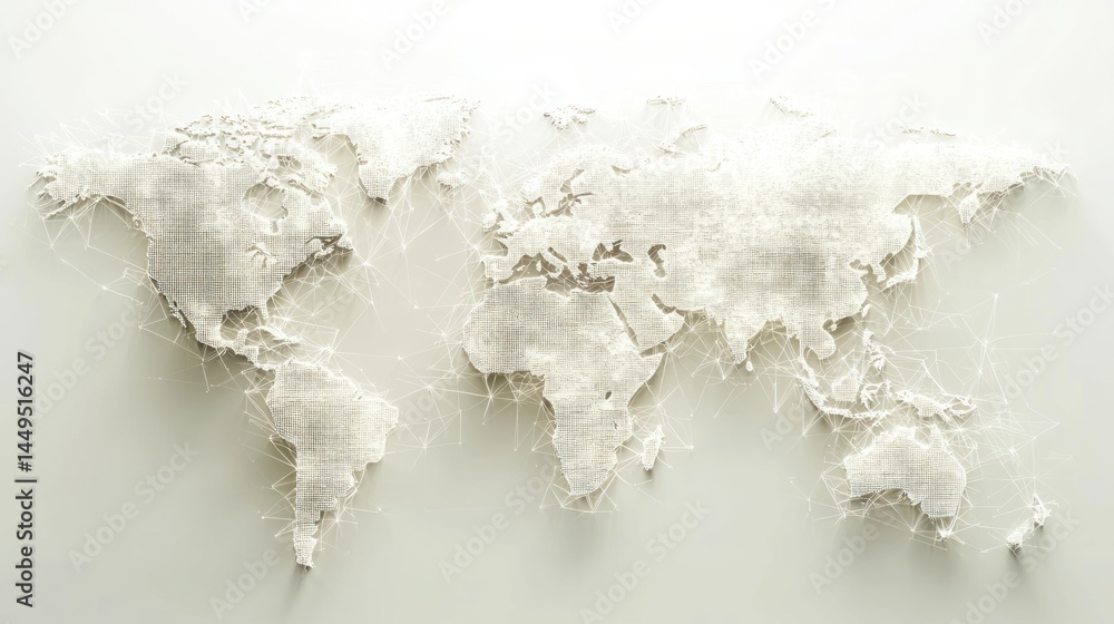 Poster textured world map illustrating global interconnectedness through a network of lines