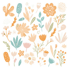 "Create a colorful floral pattern featuring a variety of flowers and leaves in shades of pink, yellow, blue, orange, and green. The design should have a whimsical, hand-drawn style with a textured, cr