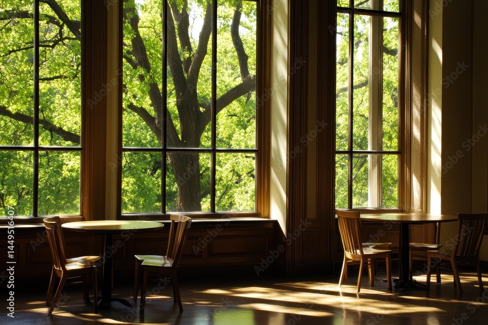 Poster Sunlight Streaming Through Large Windows Illuminating a Quiet Room with Tables and Chairs
