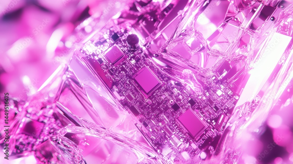 Poster Pink Circuitry Abstract with Glass Shards and Bokeh Lights for Modern Technology Concepts