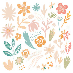"Create a colorful floral pattern featuring a variety of flowers and leaves in shades of pink, yellow, blue, orange, and green. The design should have a whimsical, hand-drawn style with a textured, cr