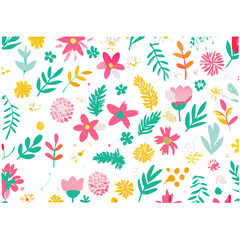 "Create a colorful floral pattern featuring a variety of flowers and leaves in shades of pink, yellow, blue, orange, and green. The design should have a whimsical, hand-drawn style with a textured, cr