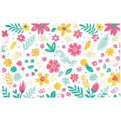 "Create a colorful floral pattern featuring a variety of flowers and leaves in shades of pink, yellow, blue, orange, and green. The design should have a whimsical, hand-drawn style with a textured, cr