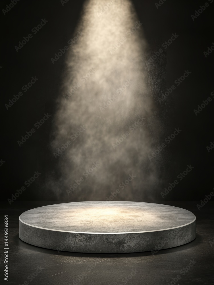 Aufkleber spotlight illuminating empty circular stage in dark room for product placement display
