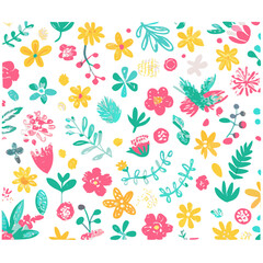 "Create a colorful floral pattern featuring a variety of flowers and leaves in shades of pink, yellow, blue, orange, and green. The design should have a whimsical, hand-drawn style with a textured, cr
