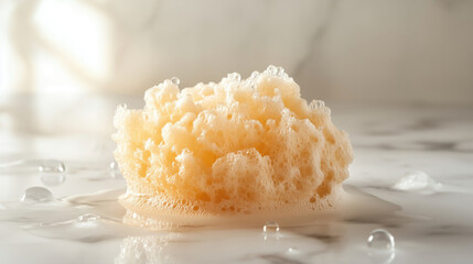 Light beige sponge, producing a foamy lather in water, sits on a marble surface