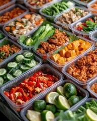 Obraz premium Variety of Healthy Meal Prep Containers Filled with Fresh Vegetables and Protein Sources