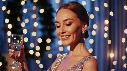 Happy, dinner party and woman with glass of champagne for special celebration event, friendship reunion or New Year. Fine dining restaurant, friends and elegant girl with alcohol drink to celebrate. C