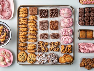 Delicious Assortment of Baked Goods on Tray Displaying Variety and Freshness Overhead Shot