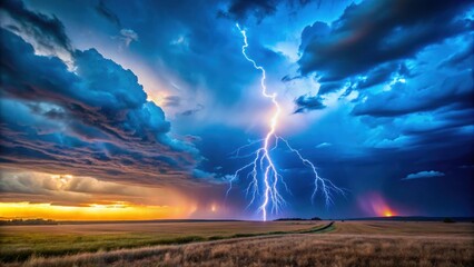 Electric blue sky with lightning storm illuminating a vast open field in Oklahoma during sunset