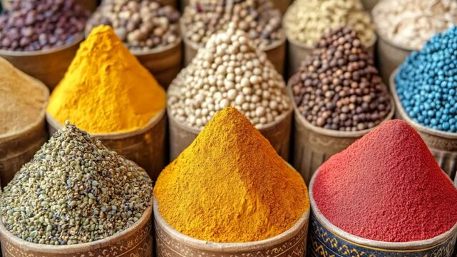 Vibrant Display of Colorful Spices in Traditional Bowls, Culinary Artistry