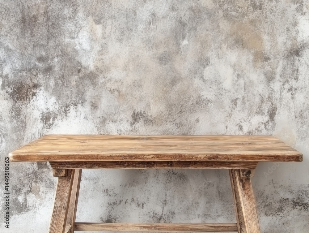 Aufkleber rustic wooden table against a textured gray wall for product display and presentation background