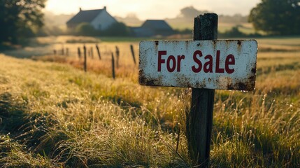 Obraz premium Rustic rural property sign in a golden morning field.