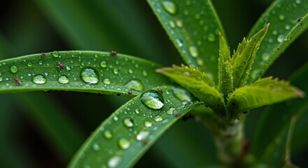 A macro photograph of fresh green leaves covered in sparkling morning dew, with tiny insects visible, highlighting delicate ecosystems and biodiversity up close