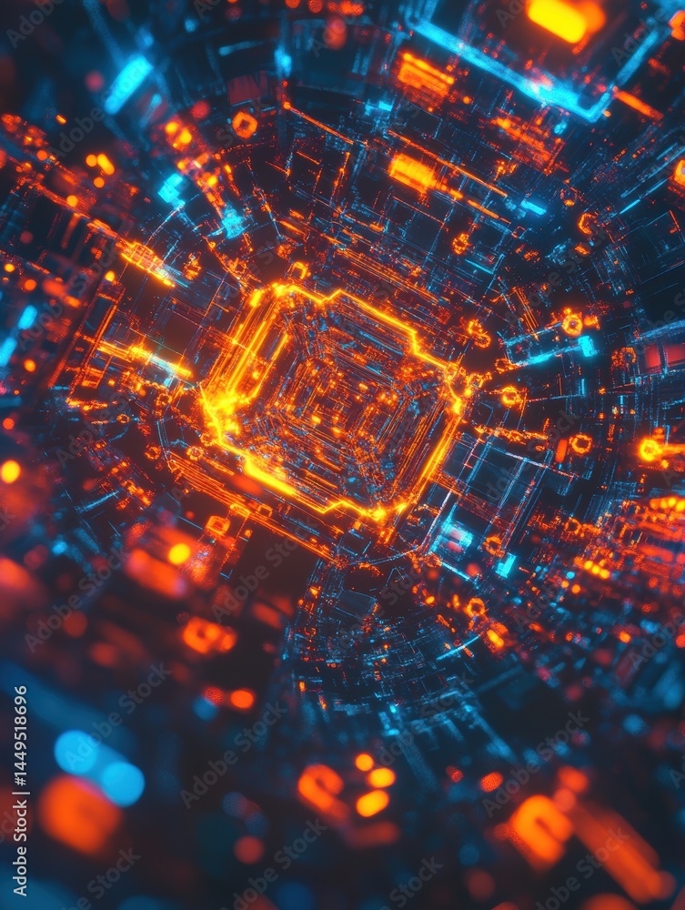 Poster abstract digital circuit board tunnel with orange and blue glowing light patterns