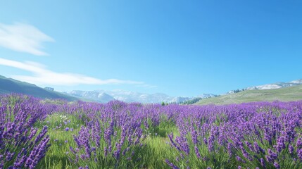 Obraz premium A vibrant field of lavender flowers under a clear blue sky, showcasing nature's beauty.
