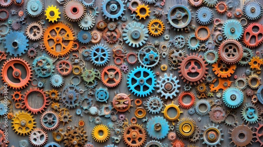 Poster Collection of colorful gears and cogs on a wooden surface creating a mechanical texture backdrop