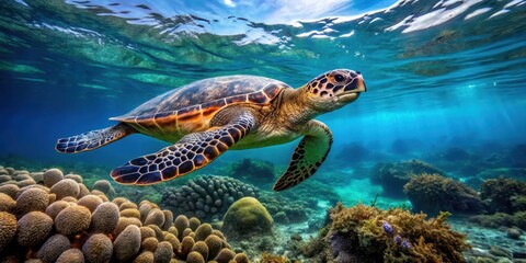 Obraz premium Hawksbill Sea Turtle swimming in crystal-clear waters with coral reef in the background