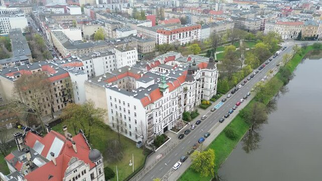 Residential area with parked vehicles aerial