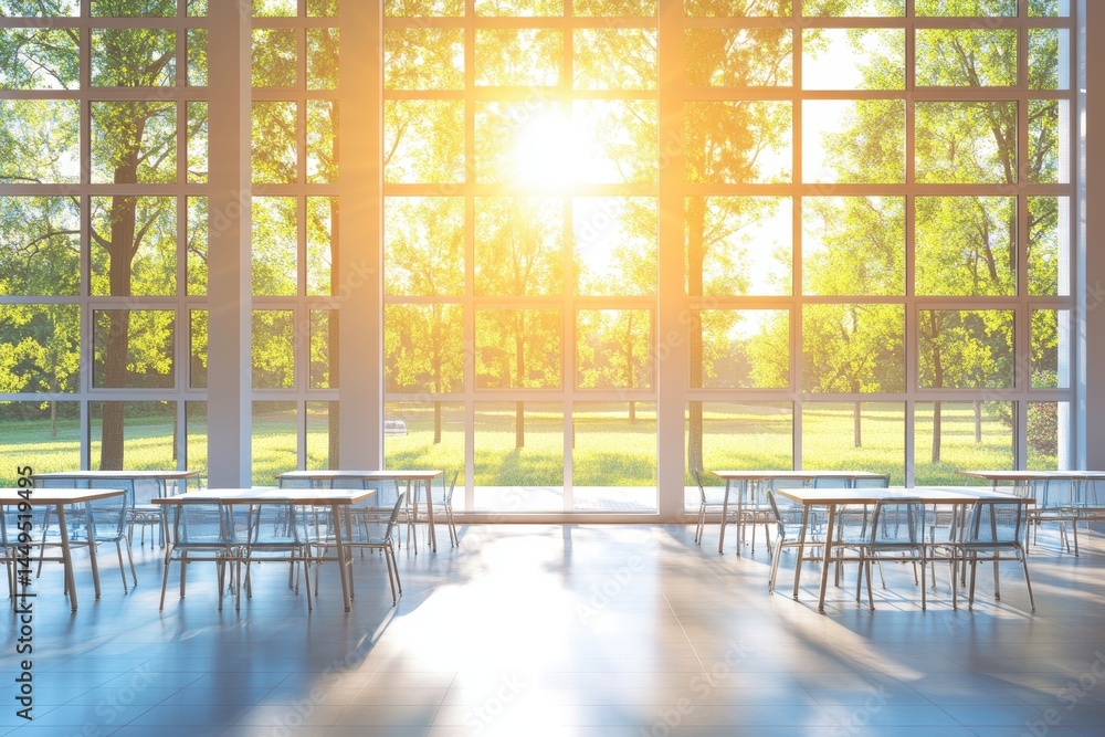Poster bright interior with views of lush greenery through large windows in a modern building