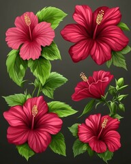 Obraz premium Vibrant hibiscus flowers on a dark background create a tropical and elegant botanical illustration