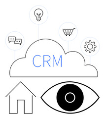 CRM cloud surrounded by icons for communication, e-commerce, tools, home, and analytics. Ideal for marketing, sales, automation, technology analytics customer interaction simple landing page