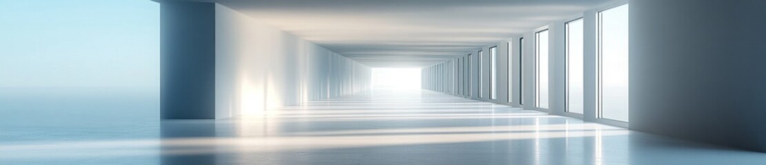 Bright office hallway, city view, sunlight.  Modern design