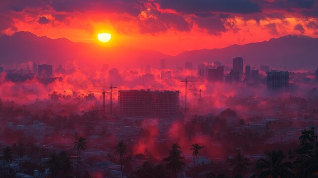 Cityscape Sunrise: A captivating view of a cityscape at sunrise, where the sun casts a dramatic red glow across the urban landscape, with silhouettes of buildings and mountains.