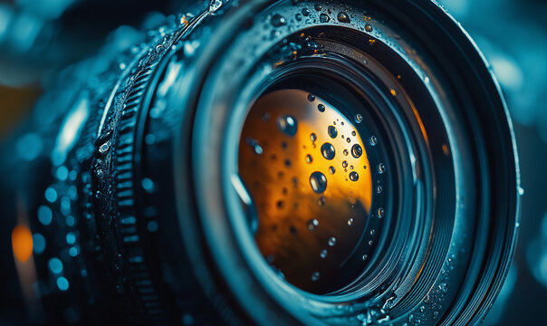 This picture shows a close-up of a camera lens with water droplets, reflecting metallic sheen, with clear and textured details.