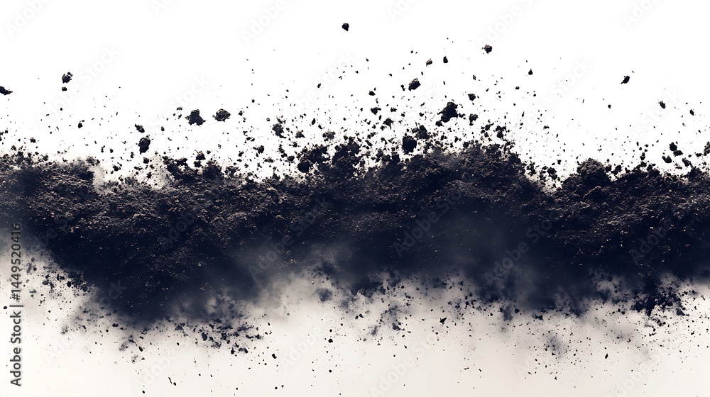 Poster abstract black powder explosion texture with particles on white background for creative design proje