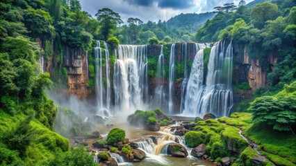 Fototapeta premium Panorama of Nuorilang Waterfall cascading down a rocky cliffside amidst lush greenery and misty surroundings , scenic views, breathtaking scenery